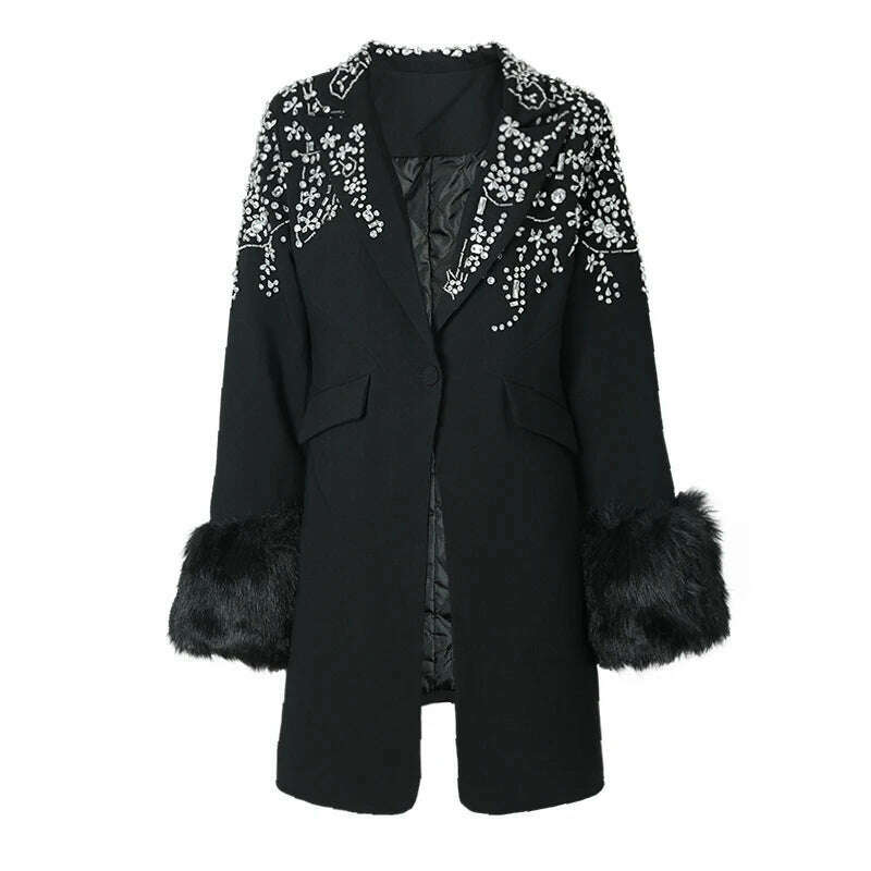 KIMLUD, Cotton-Padded Blazer Rhinestone Fur Collar Notched Lapel Embellishment — Black | KIMLUD, KIMLUD Womens Clothes