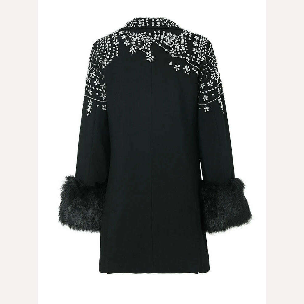 KIMLUD, Cotton-Padded Blazer Rhinestone Fur Collar Notched Lapel Embellishment — Black | KIMLUD, KIMLUD Womens Clothes