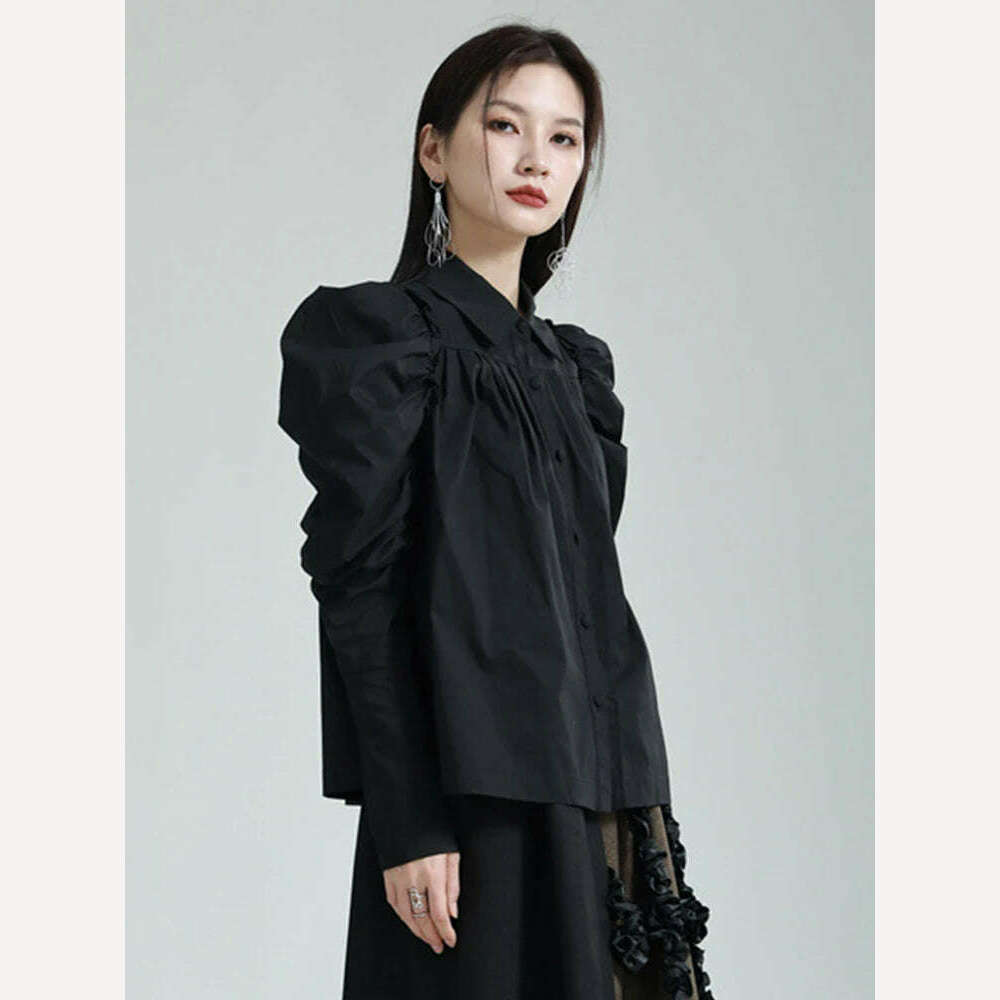 KIMLUD, Jersey Blouse Pleated Long Puff Sleeve — White | KIMLUD, KIMLUD Womens Clothes