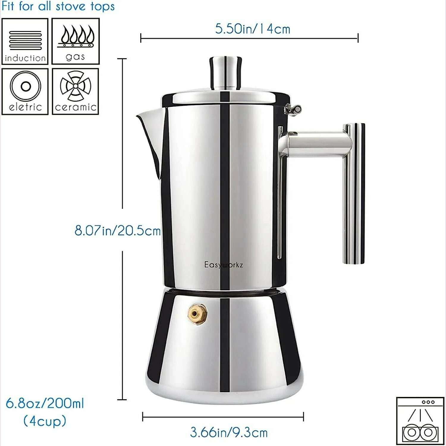 Easyworkz Diego Stovetop Espresso Maker Stainless Steel Italian Coffee Machine Maker 4Cup 6.8 oz Induction Moka Pot - KIMLUD