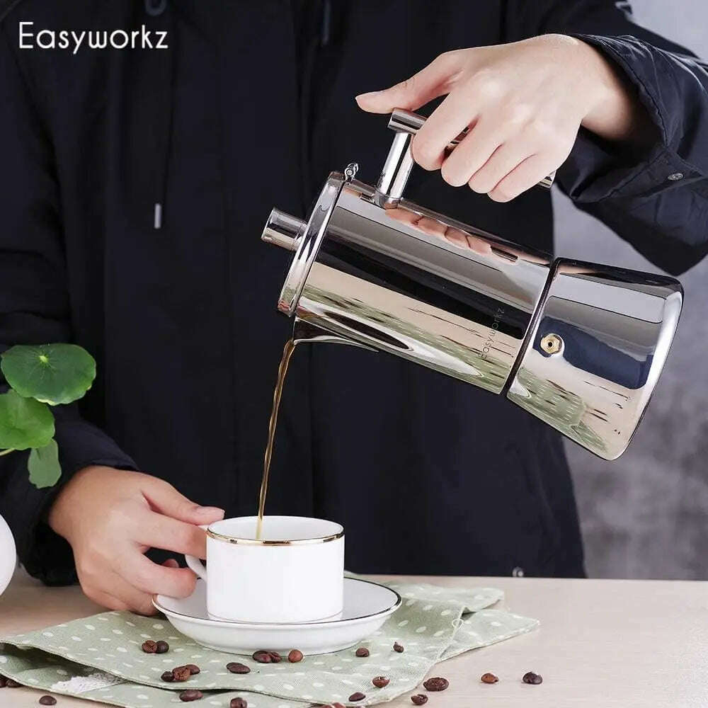 Easyworkz Diego Stovetop Espresso Maker Stainless Steel Italian Coffee Machine Maker 4Cup 6.8 oz Induction Moka Pot - KIMLUD