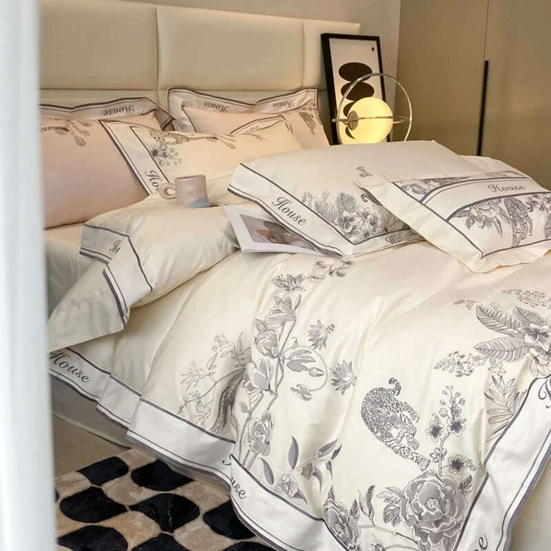 KIMLUD, Egyptian cotton Bedding Set Embroidery splicing corner Duvet Cover long-staple cotton BedSheet Flat sheet Pillowcases Bed sets, KIMLUD Womens Clothes