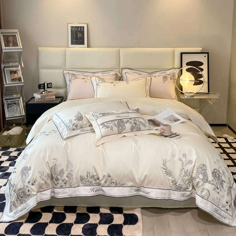 KIMLUD, Egyptian cotton Bedding Set Embroidery splicing corner Duvet Cover long-staple cotton BedSheet Flat sheet Pillowcases Bed sets, Almond White / Queen 4pcs / Flat Bed Sheet, KIMLUD APPAREL - Womens Clothes
