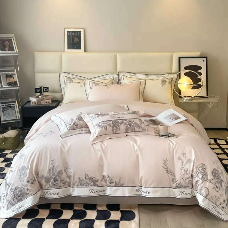 KIMLUD, Egyptian cotton Bedding Set Embroidery splicing corner Duvet Cover long-staple cotton BedSheet Flat sheet Pillowcases Bed sets, Cinnamon powder / Queen 4pcs / Flat Bed Sheet, KIMLUD APPAREL - Womens Clothes