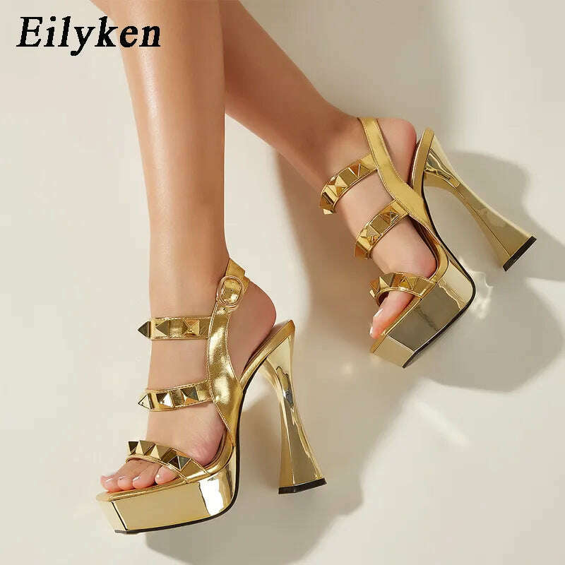 KIMLUD, Eilyken Fashion Gold Rivet Open Toe Ankle Buckle Strap Platform High Heels Women Sandals Ladies Nightclub Party Dress Shoes, KIMLUD Womens Clothes