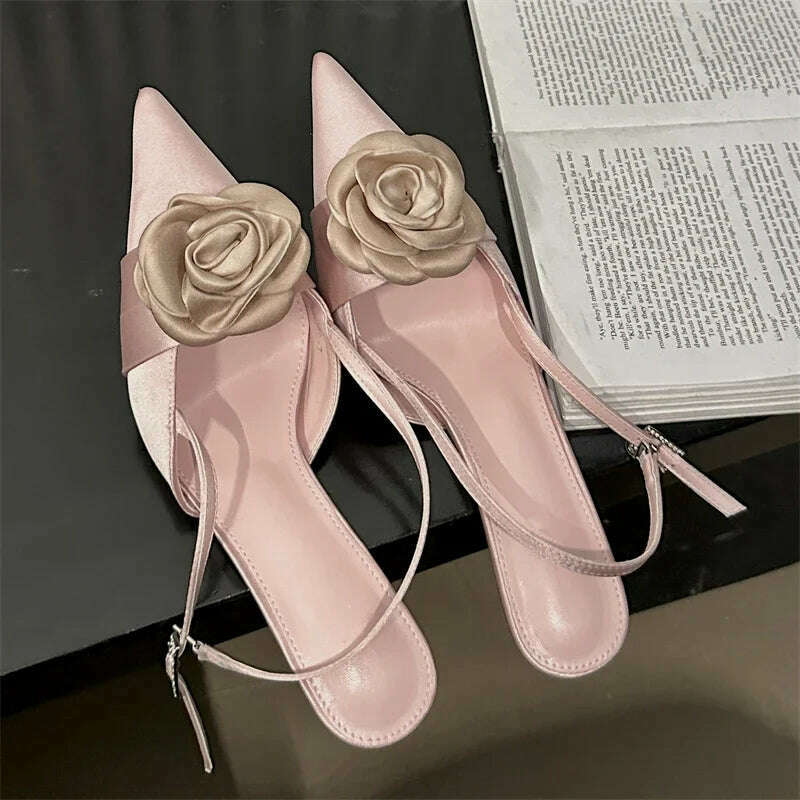 KIMLUD, Eilyken Fashion Thin High Heels Buckle Strap Women Pumps Sexy Flower Pointed Toe Mules Shoes Elegant Banquet  Prom Sandals, Pink / 35, KIMLUD Womens Clothes