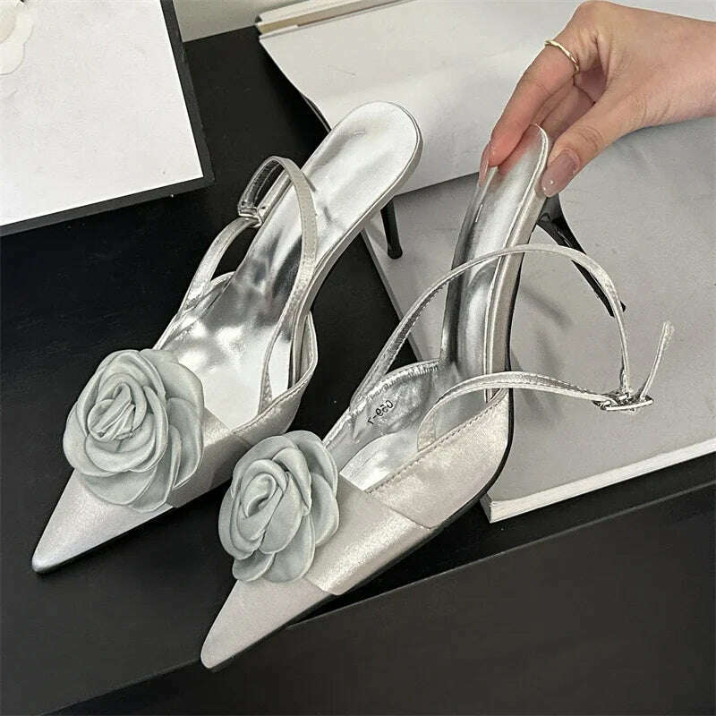 KIMLUD, Eilyken Fashion Thin High Heels Buckle Strap Women Pumps Sexy Flower Pointed Toe Mules Shoes Elegant Banquet  Prom Sandals, Silver / 35, KIMLUD Womens Clothes