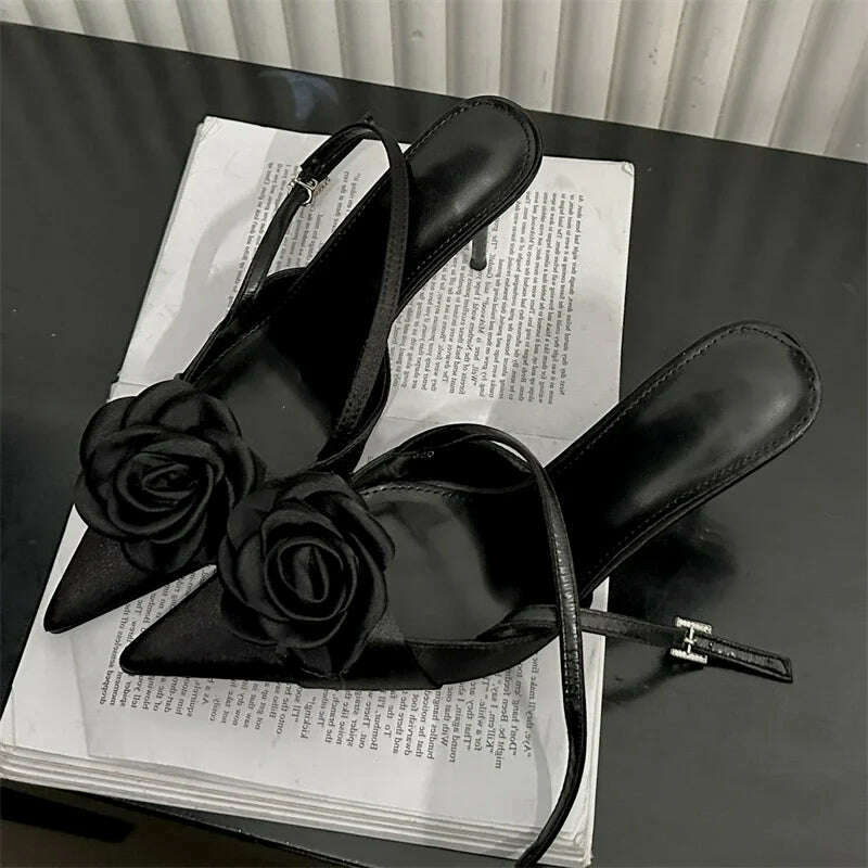 KIMLUD, Eilyken Fashion Thin High Heels Buckle Strap Women Pumps Sexy Flower Pointed Toe Mules Shoes Elegant Banquet Prom Sandals, Black / 36, KIMLUD APPAREL - Womens Clothes