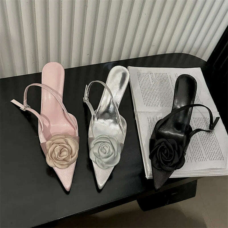KIMLUD, Eilyken Fashion Thin High Heels Buckle Strap Women Pumps Sexy Flower Pointed Toe Mules Shoes Elegant Banquet Prom Sandals, KIMLUD Womens Clothes