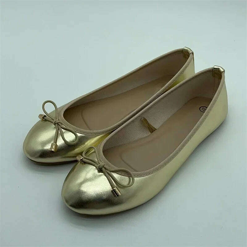 KIMLUD, Eilyken Gold Silver Elegant Bowknot Round Toe Women's Flat Comfort Slip-On Ladies Ballerina Single Mules Shoes Zapatos Mujer, KIMLUD Womens Clothes