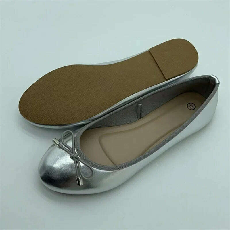 KIMLUD, Eilyken Gold Silver Elegant Bowknot Round Toe Women's Flat Comfort Slip-On Ladies Ballerina Single Mules Shoes Zapatos Mujer, KIMLUD Womens Clothes