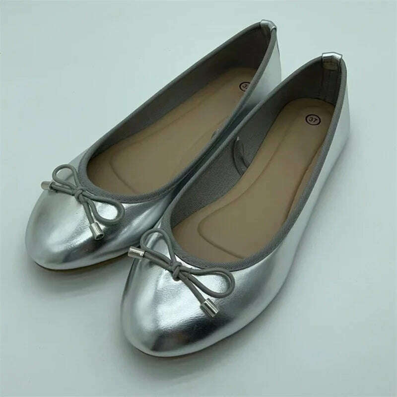 KIMLUD, Eilyken Gold Silver Elegant Bowknot Round Toe Women's Flat Comfort Slip-On Ladies Ballerina Single Mules Shoes Zapatos Mujer, Silver / 39, KIMLUD APPAREL - Womens Clothes