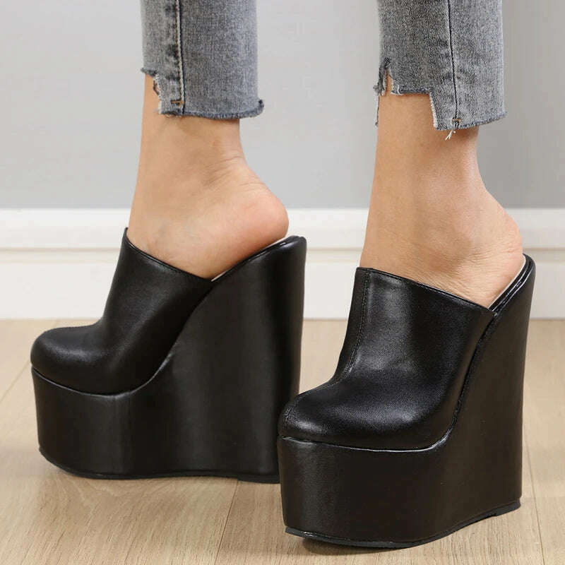 Eilyken Platform Wedge Round Head Pumps Slippers Summer Woman Sexy Super High Sandal Shoes Black 35-42 - KIMLUD
