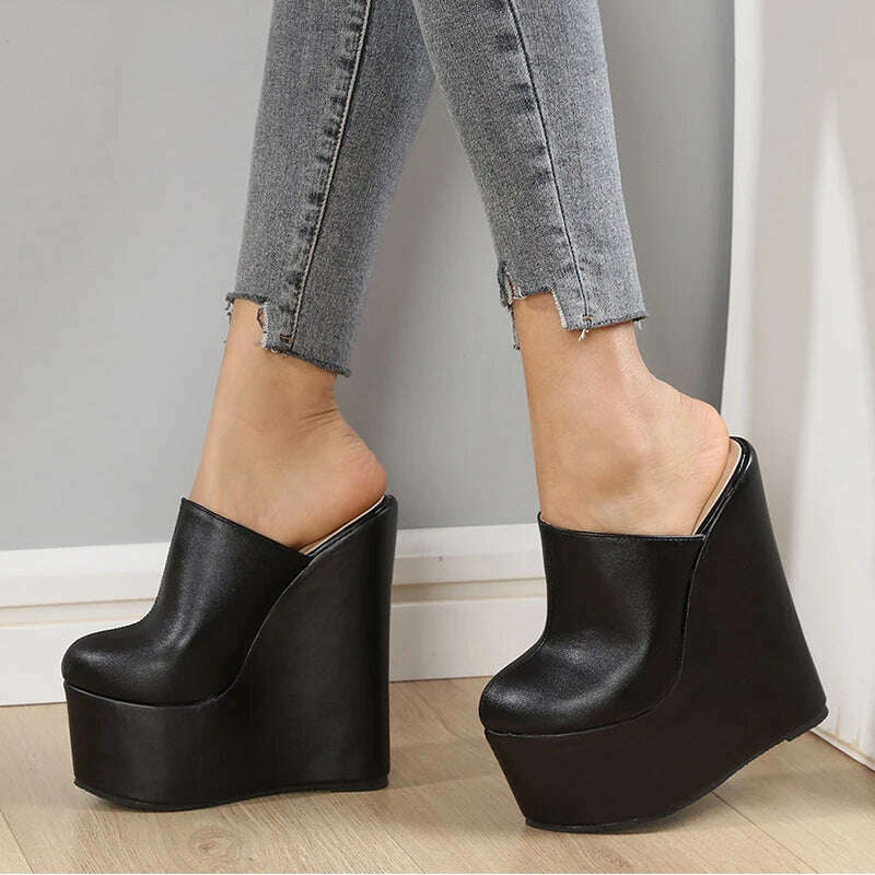 Eilyken Platform Wedge Round Head Pumps Slippers Summer Woman Sexy Super High Sandal Shoes Black 35-42 - KIMLUD