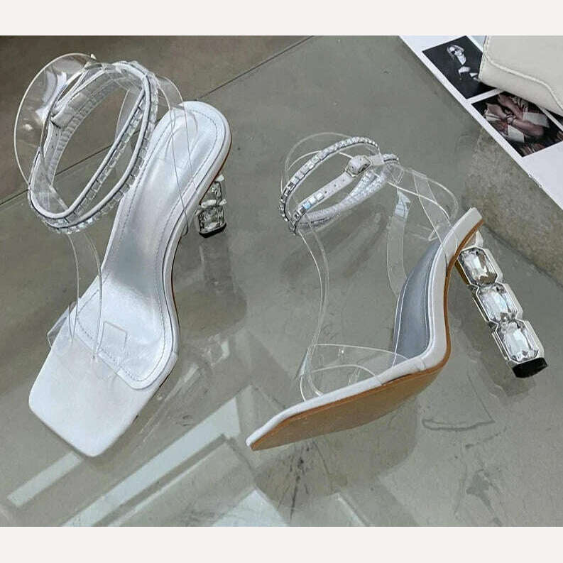KIMLUD, Eilyken Summer Crystal Embellished High Heel Sandals Women Diamond Open Toe Ankle Strap Silk Satin Rhinestone Banquet Shoes, KIMLUD Womens Clothes