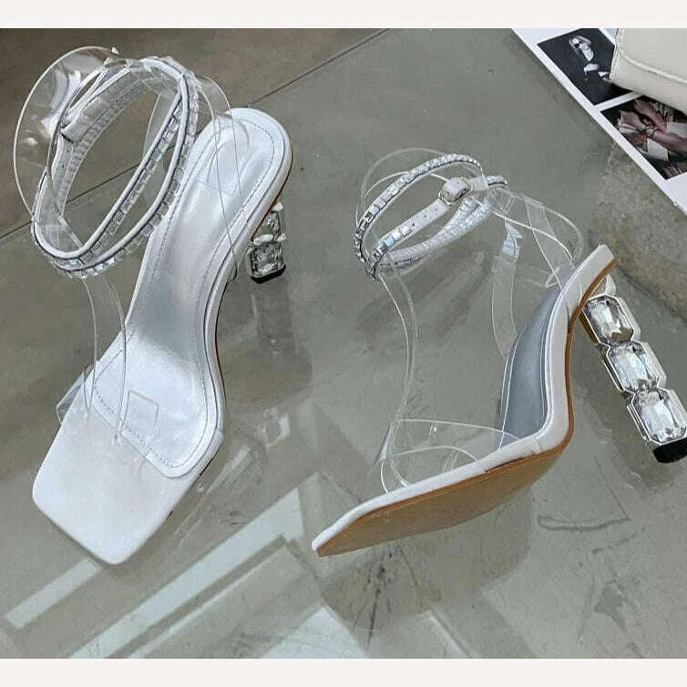 KIMLUD, Eilyken Summer Crystal Embellished High Heel Sandals Women Diamond Open Toe Ankle Strap Silk Satin Rhinestone Banquet Shoes, Silver / 35, KIMLUD Womens Clothes