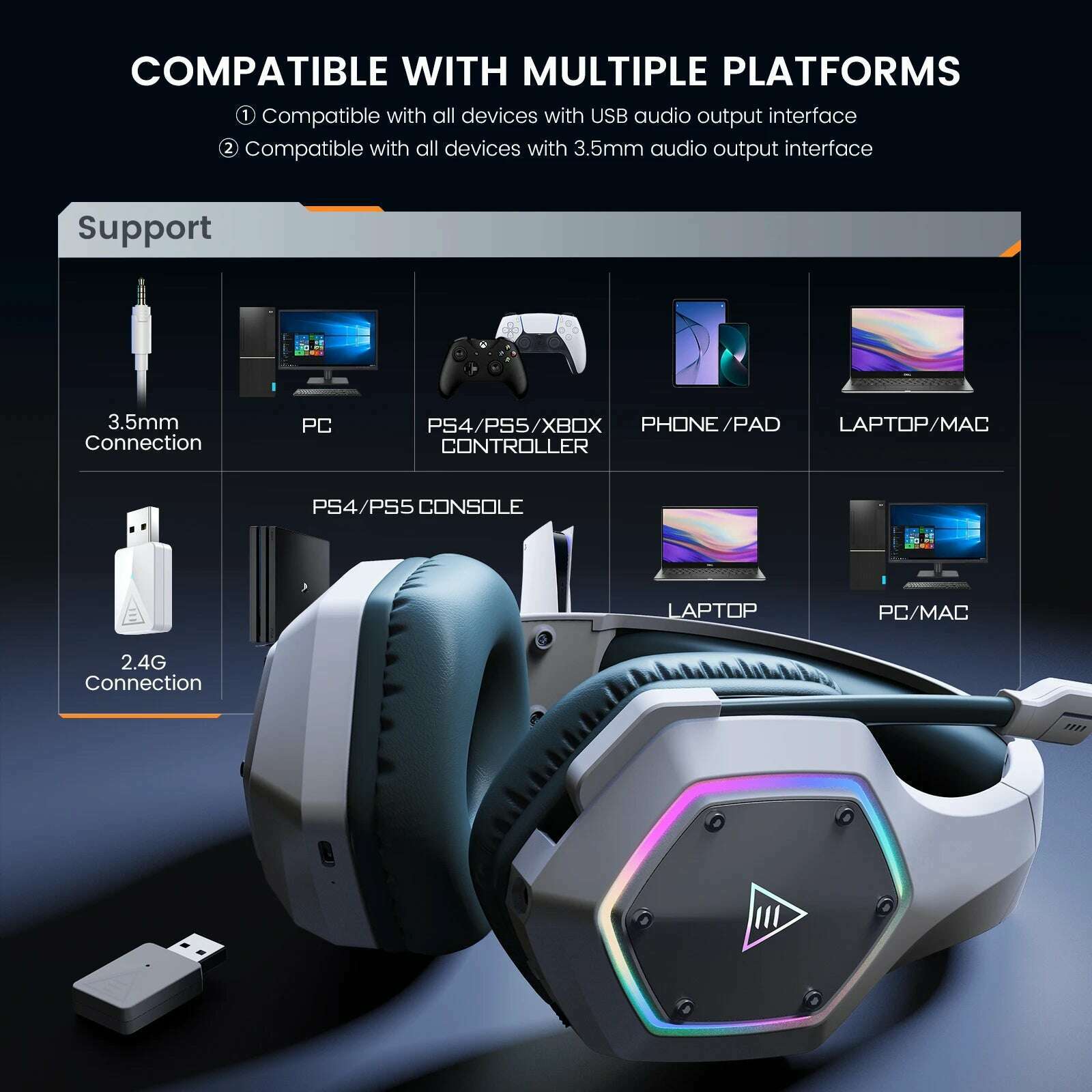 KIMLUD, EKSA E1000 WT 2.4G Low Latency Wireless+Wired Gaming Headphones for PC/PS4/PS5/Xbox, 7.1 Surround Headset Gamer with Microphone, KIMLUD Womens Clothes