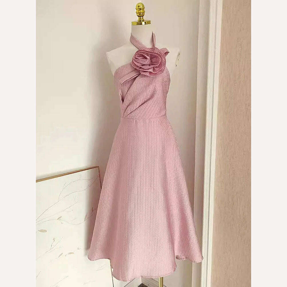 KIMLUD, Elegant 3D Flower Halter Dress DEAT Women's Backless Slim Fit Evening Party Gown Summer New Fashion Ready-to-wear, pink / XL, KIMLUD APPAREL - Womens Clothes