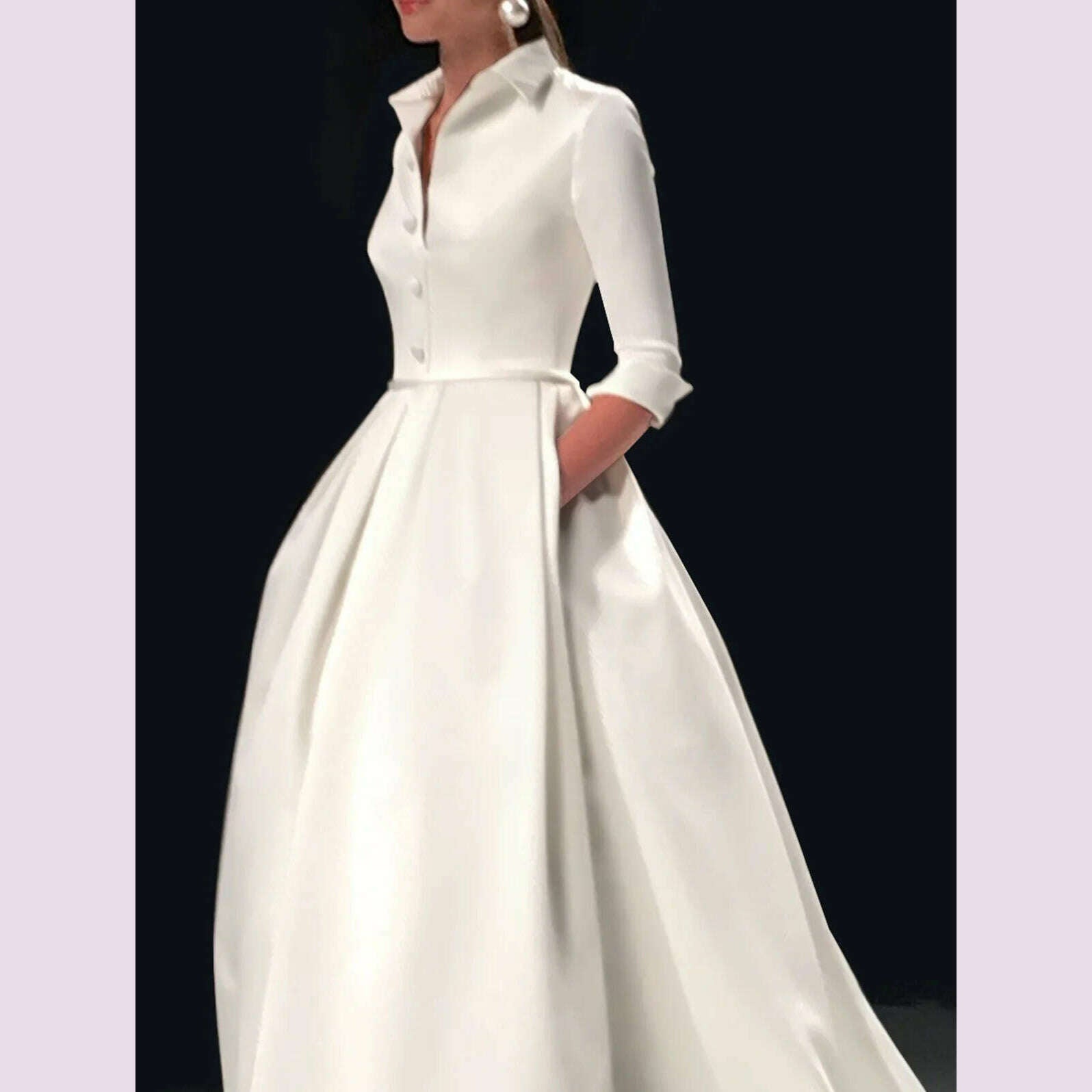 Elegant A Line Maxi Wedding Dress Women Solid Party Evening Bridesmaid Long Dress Pockets Turndown Collar Women Vestidos - KIMLUD