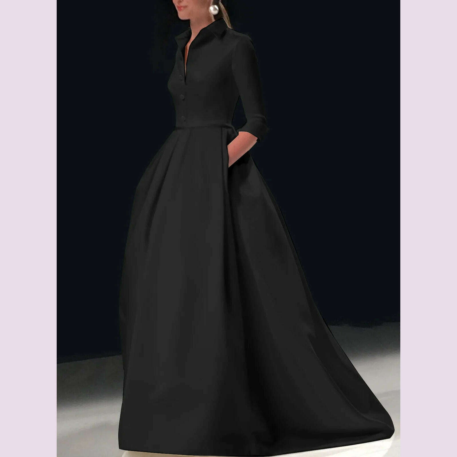 Elegant A Line Maxi Wedding Dress Women Solid Party Evening Bridesmaid Long Dress Pockets Turndown Collar Women Vestidos - KIMLUD