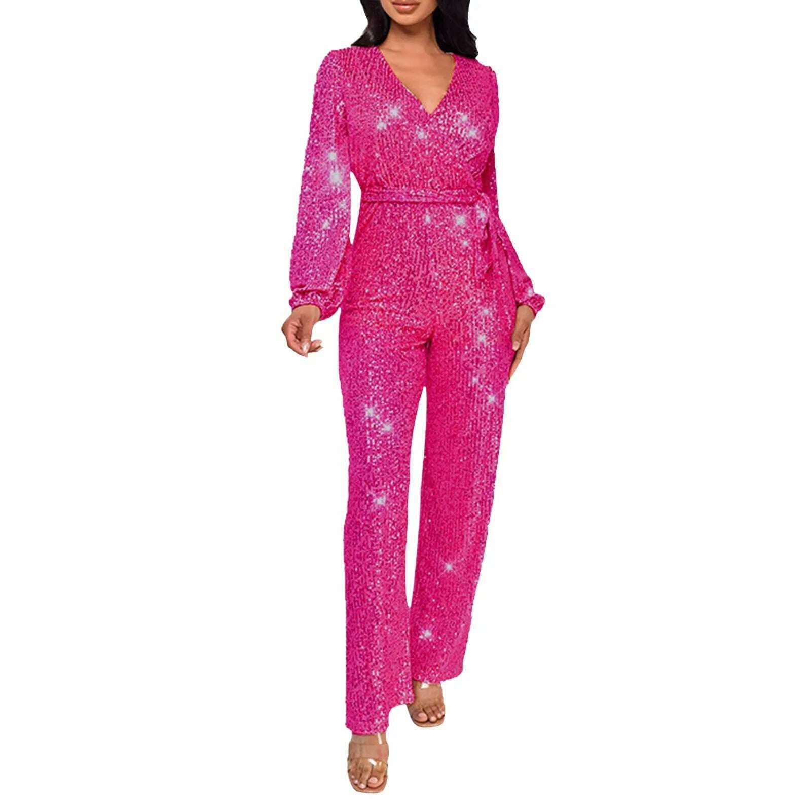 Elegant Casual Jumpsuits For Ladies Long Sleeve Belted Sequin Jumpsuit Wrap V-Neck Wide Leg Birthday Outfits One Piece Romper - KIMLUD