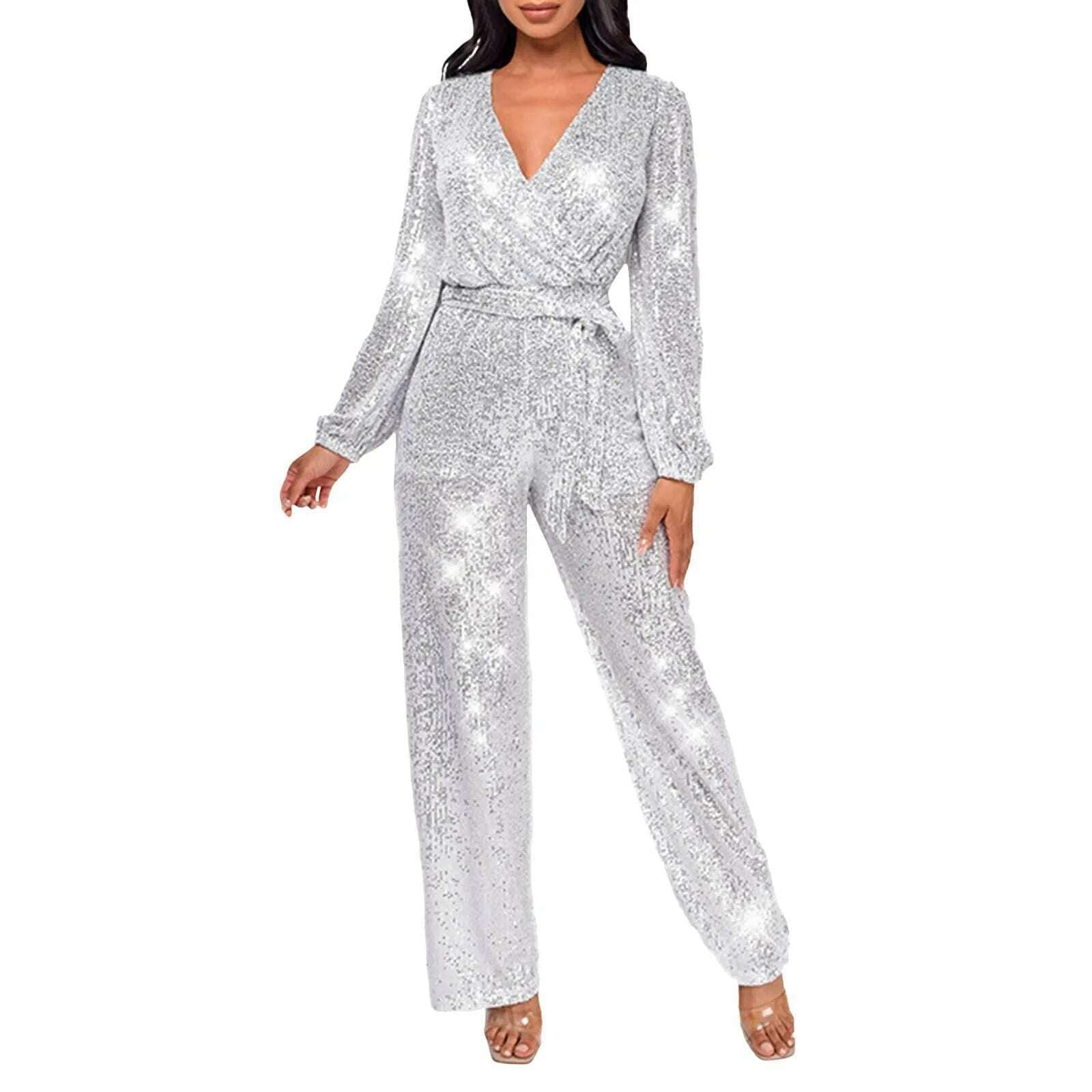 Elegant Casual Jumpsuits For Ladies Long Sleeve Belted Sequin Jumpsuit Wrap V-Neck Wide Leg Birthday Outfits One Piece Romper - KIMLUD