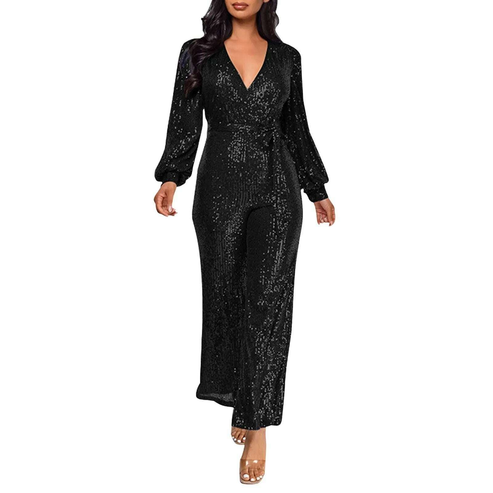 Elegant Casual Jumpsuits For Ladies Long Sleeve Belted Sequin Jumpsuit Wrap V-Neck Wide Leg Birthday Outfits One Piece Romper - KIMLUD