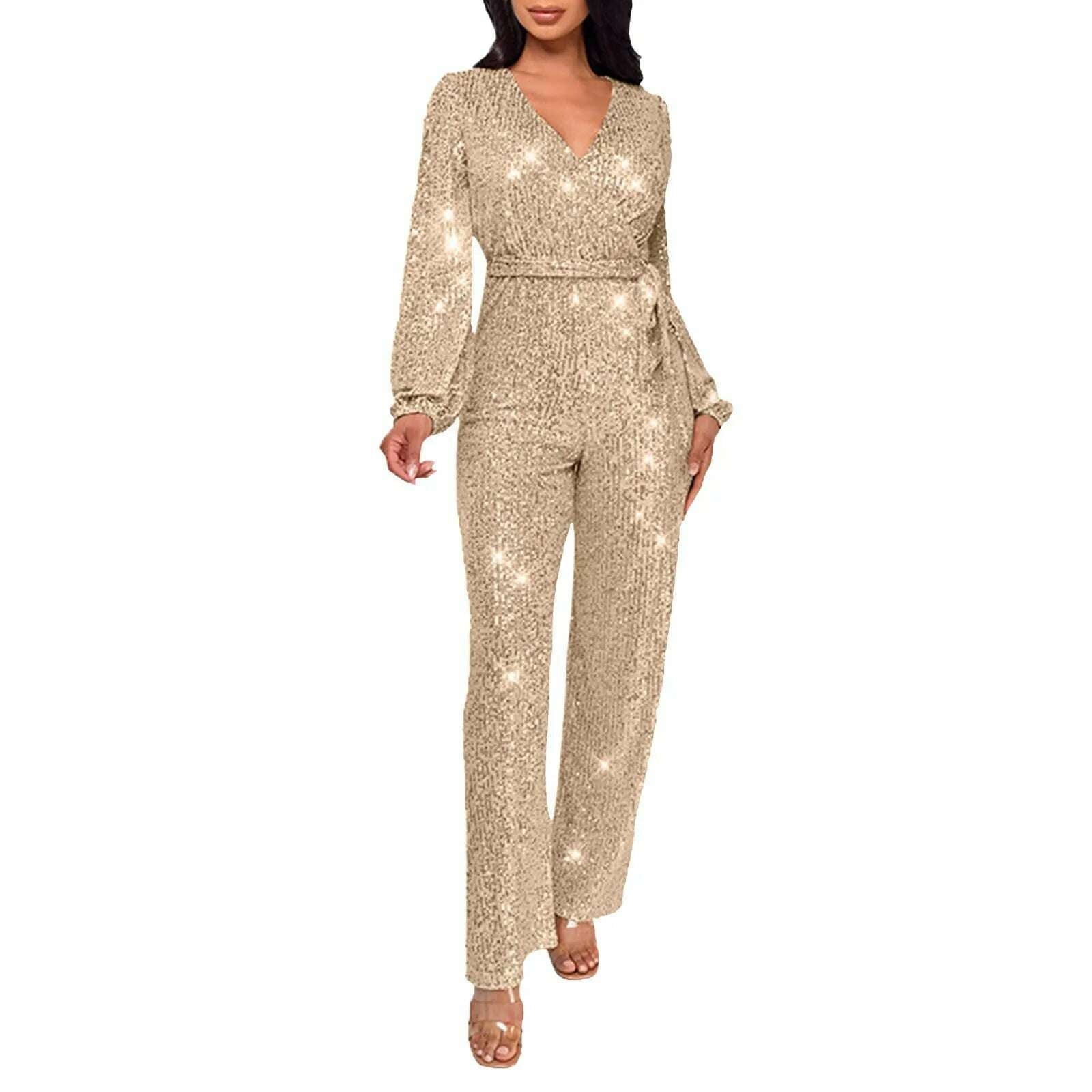 Elegant Casual Jumpsuits For Ladies Long Sleeve Belted Sequin Jumpsuit Wrap V-Neck Wide Leg Birthday Outfits One Piece Romper - KIMLUD