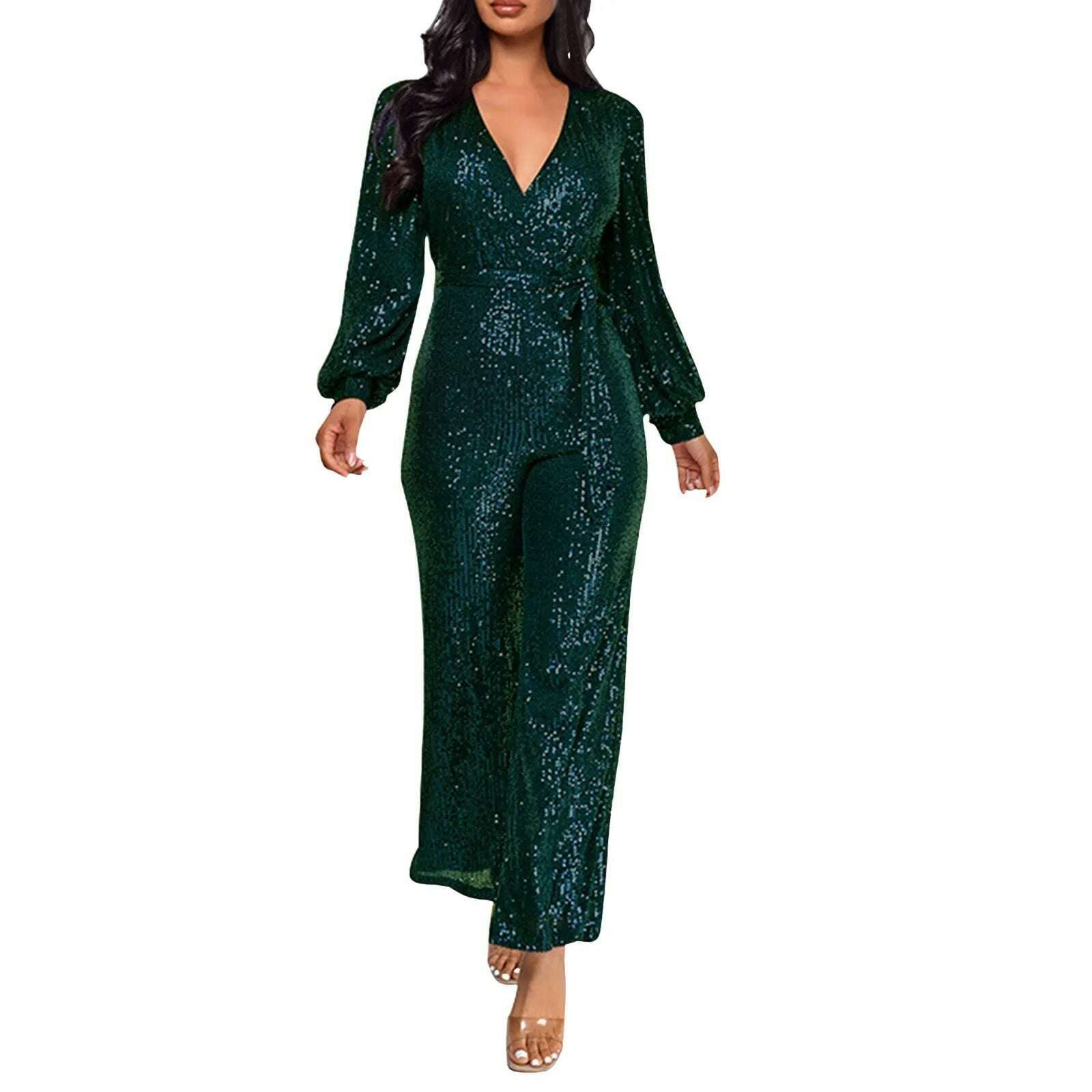 Elegant Casual Jumpsuits For Ladies Long Sleeve Belted Sequin Jumpsuit Wrap V-Neck Wide Leg Birthday Outfits One Piece Romper - KIMLUD