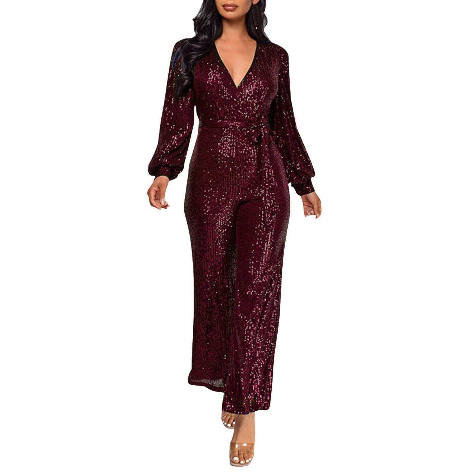 Elegant Casual Jumpsuits For Ladies Long Sleeve Belted Sequin Jumpsuit Wrap V-Neck Wide Leg Birthday Outfits One Piece Romper - KIMLUD
