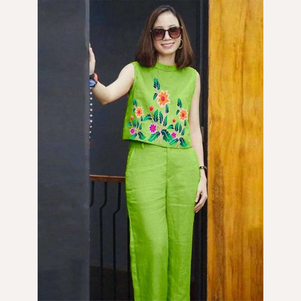 KIMLUD, Elegant Casual Two-piece Set For Women Printed Round Neck Sleeveless Top Solid Wide Leg Pants Suit 2023 Chic Office Lady Outfits, green / S, KIMLUD APPAREL - Womens Clothes