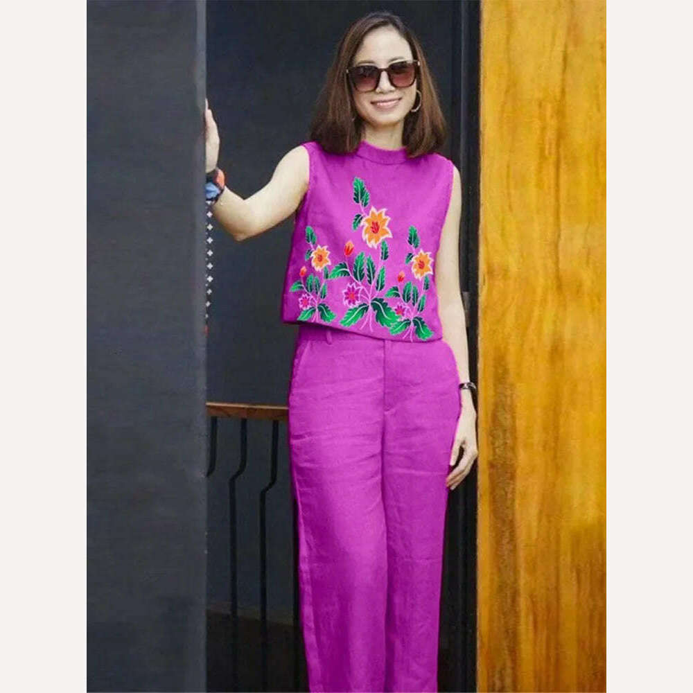 KIMLUD, Elegant Casual Two-piece Set For Women Printed Round Neck Sleeveless Top Solid Wide Leg Pants Suit 2023 Chic Office Lady Outfits, rose red / S, KIMLUD APPAREL - Womens Clothes