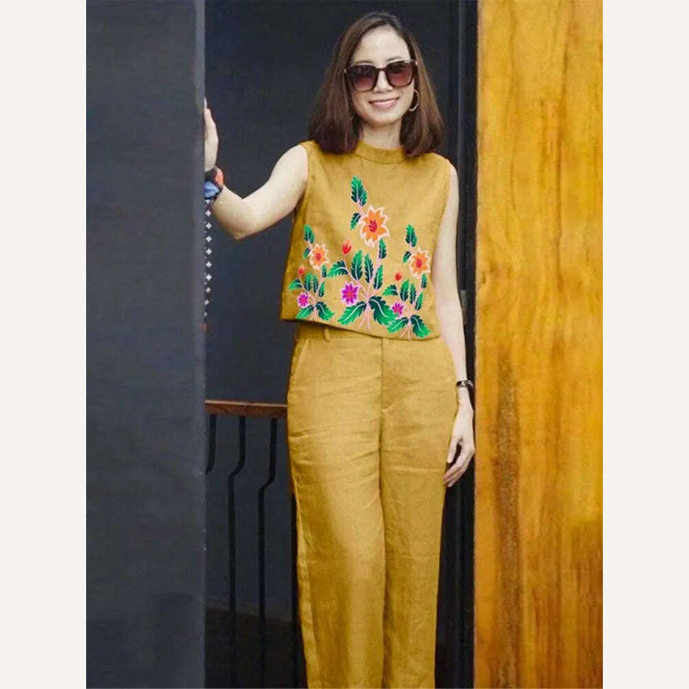 KIMLUD, Elegant Casual Two-piece Set For Women Printed Round Neck Sleeveless Top Solid Wide Leg Pants Suit 2023 Chic Office Lady Outfits, orange / S, KIMLUD APPAREL - Womens Clothes