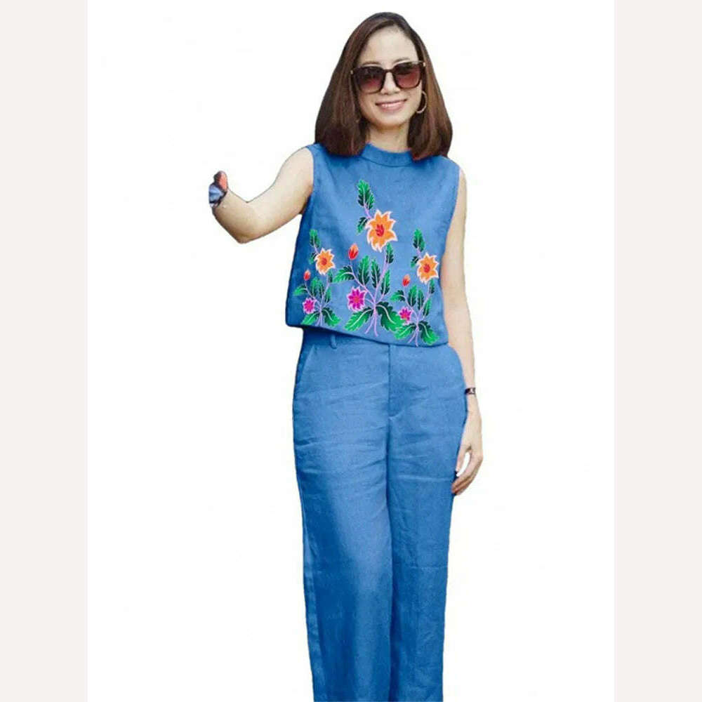 KIMLUD, Elegant Casual Two-piece Set For Women Printed Round Neck Sleeveless Top Solid Wide Leg Pants Suit 2023 Chic Office Lady Outfits, blue / S, KIMLUD APPAREL - Womens Clothes