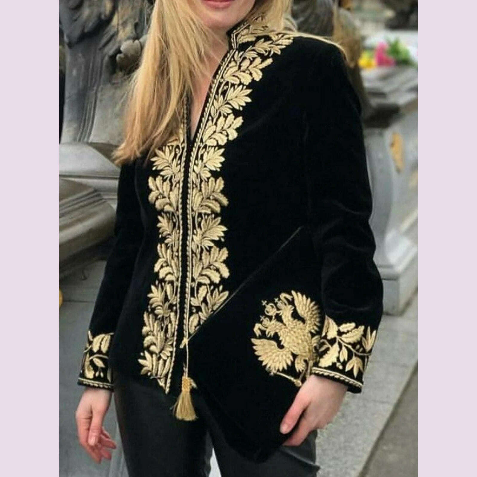 KIMLUD, Elegant Chic Women Tops Floral Stand Collar Deep V Neck Shirts & Blouses Long Sleeve Design Vintage Velvet Blouse, black / XXXL / CHINA, KIMLUD APPAREL - Womens Clothes