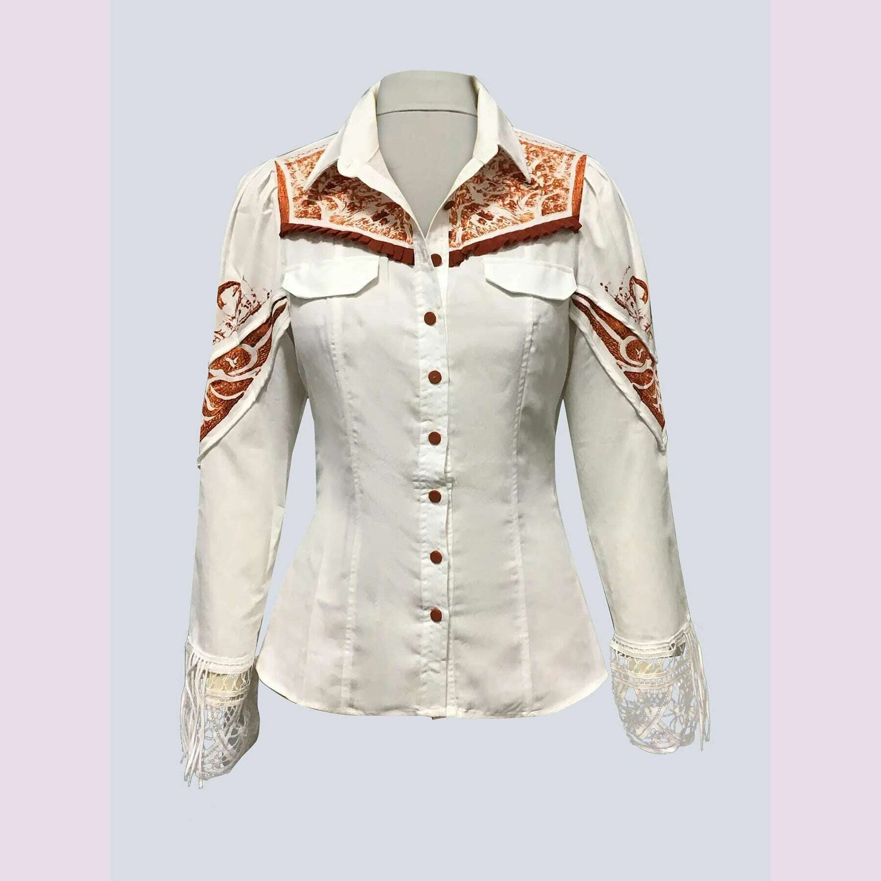 KIMLUD, Elegant Chic Women Tops Western Print Button Turndown Collar Slim Waist Shirt Fringed Hollow Long Sleeve Office Lady Blouse, KIMLUD Womens Clothes