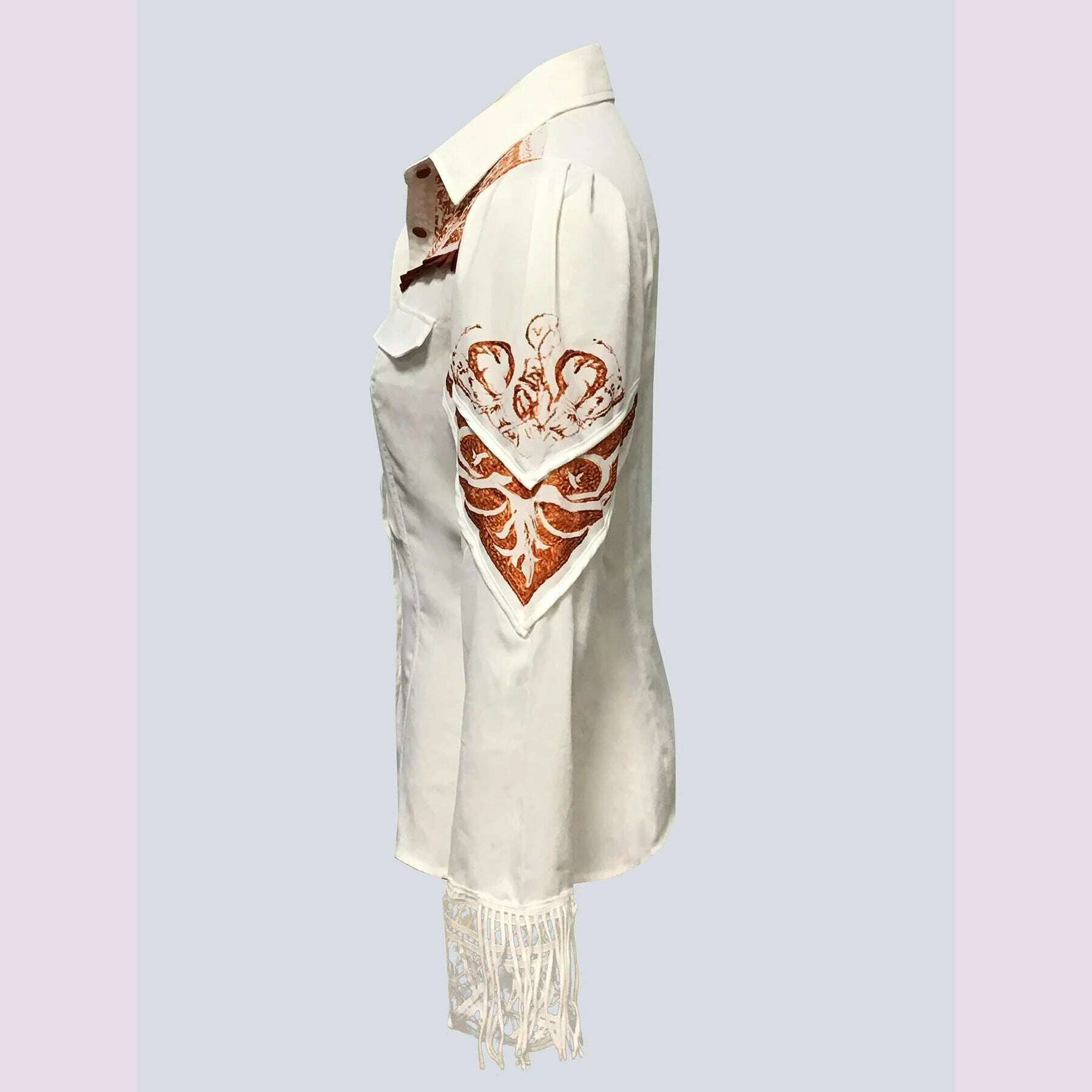 KIMLUD, Elegant Chic Women Tops Western Print Button Turndown Collar Slim Waist Shirt Fringed Hollow Long Sleeve Office Lady Blouse, KIMLUD Womens Clothes