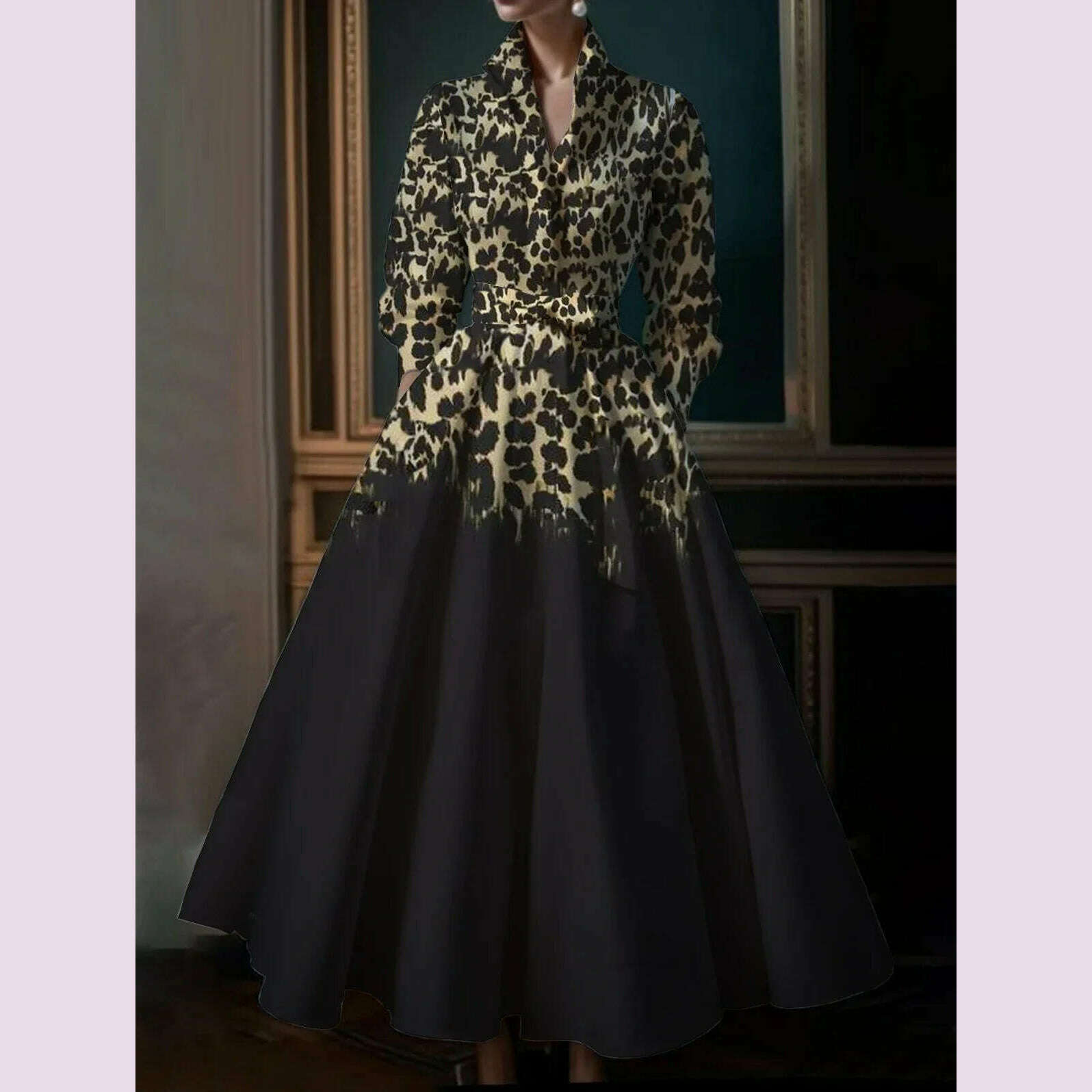 KIMLUD, Elegant Commuter Retro Boho Leopard Pattern Women's Big Size Dress New High Street Standing Collar Loose Big Swing Shirt Dresses, KIMLUD Womens Clothes