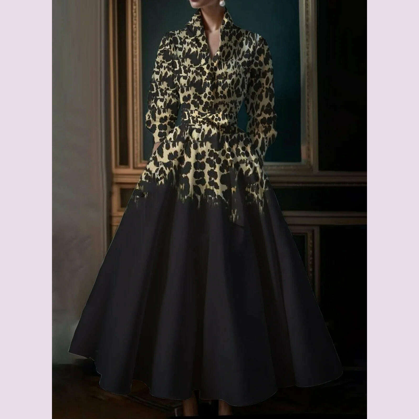 KIMLUD, Elegant Commuter Retro Boho Leopard Pattern Women's Big Size Dress New High Street Standing Collar Loose Big Swing Shirt Dresses, KIMLUD Womens Clothes