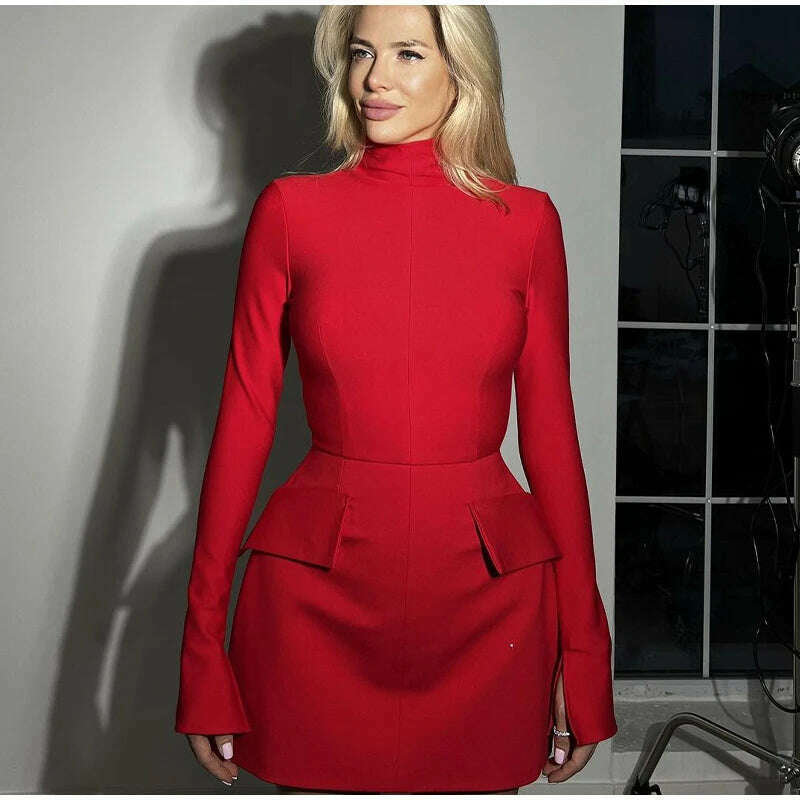 KIMLUD, Elegant Dark Blue Commuting Mini Dress Women 2023 Autumn Pocket Long Sleeve Sexy Bodycon Dresses Lady Chic Party Club Robe, KIMLUD Womens Clothes