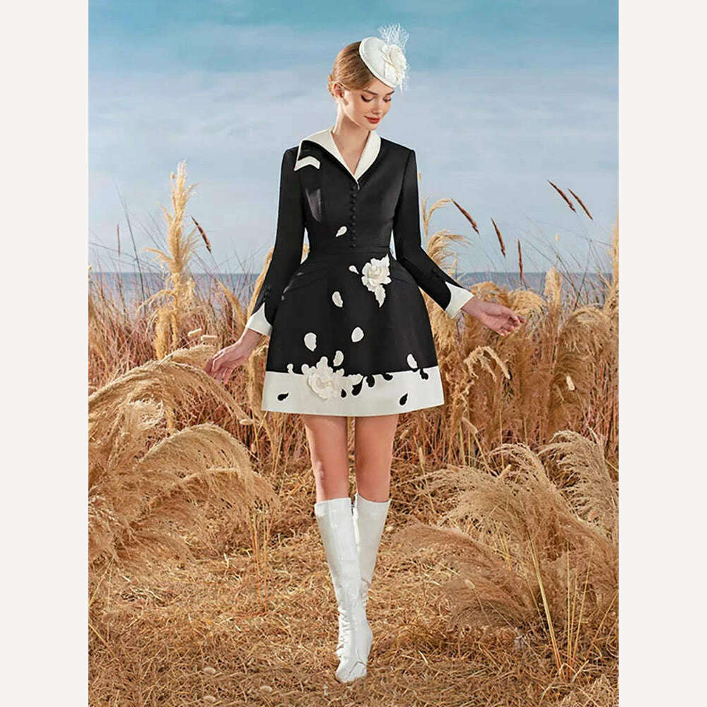 KIMLUD, Elegant DEAT 3D Flower Contrast Color High Waist Long Sleeve Party Dress for Women Short Length Eye Catching, XL / Black, KIMLUD APPAREL - Womens Clothes