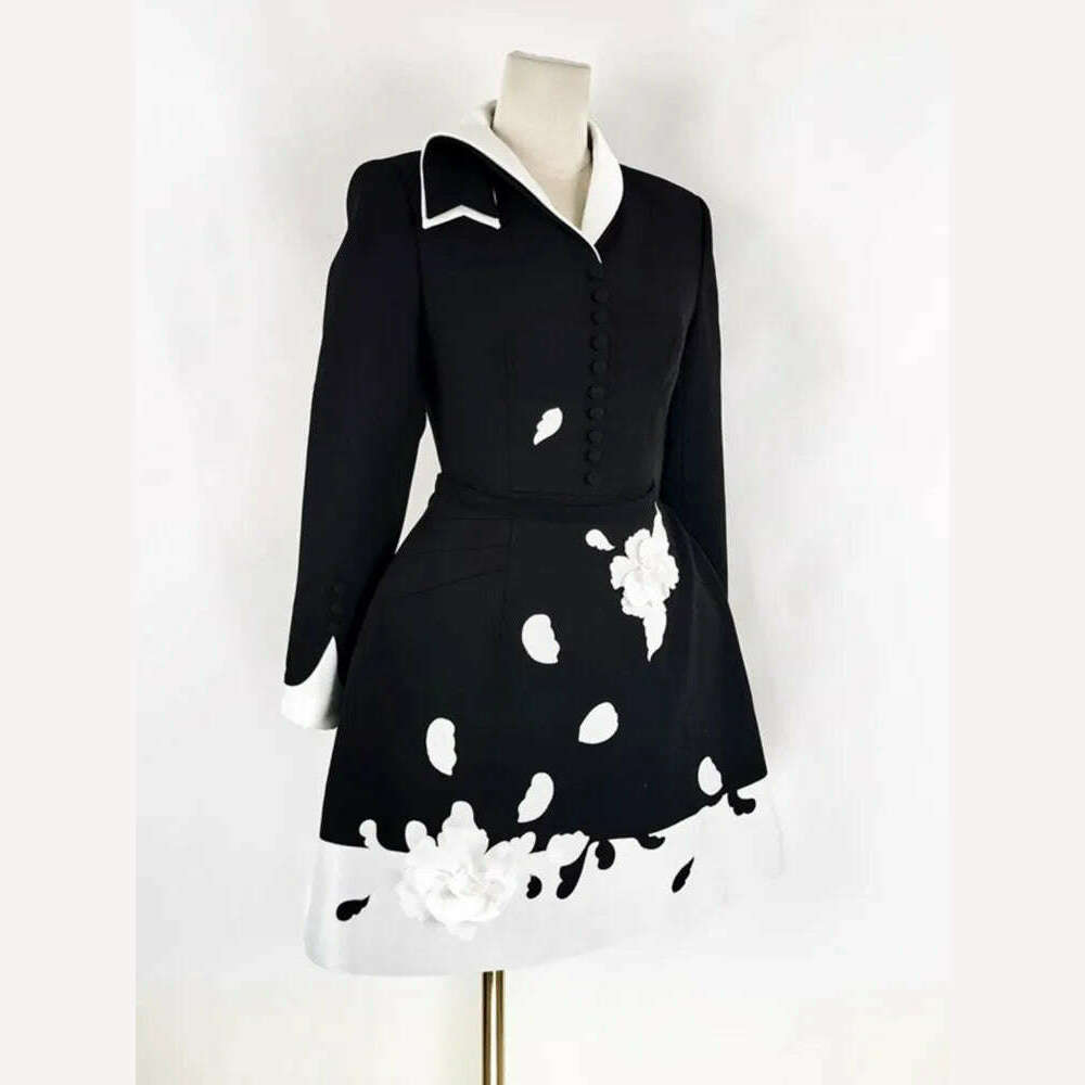 KIMLUD, Elegant DEAT 3D Flower Contrast Color High Waist Long Sleeve Party Dress for Women Short Length Eye Catching, KIMLUD Womens Clothes