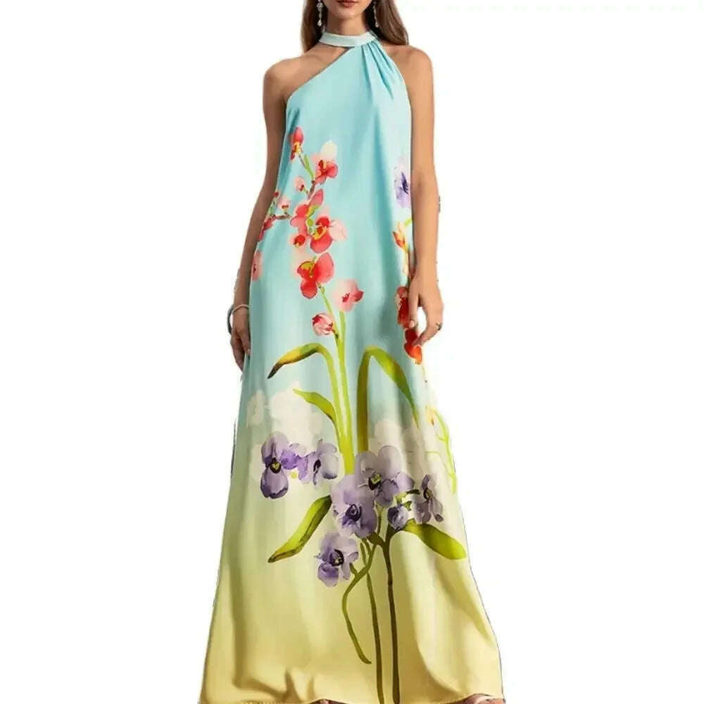 KIMLUD, Elegant Fashion Floral Dress Spaghetti Strap Sweet Halter Camis Dress Fashion Chic Loose Maxi Dress Casual Boho Vintage Dresses, KIMLUD Womens Clothes