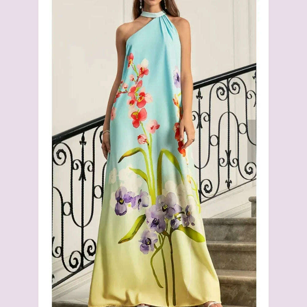 KIMLUD, Elegant Fashion Floral Dress Spaghetti Strap Sweet Halter Camis Dress Fashion Chic Loose Maxi Dress Casual Boho Vintage Dresses, KIMLUD Womens Clothes
