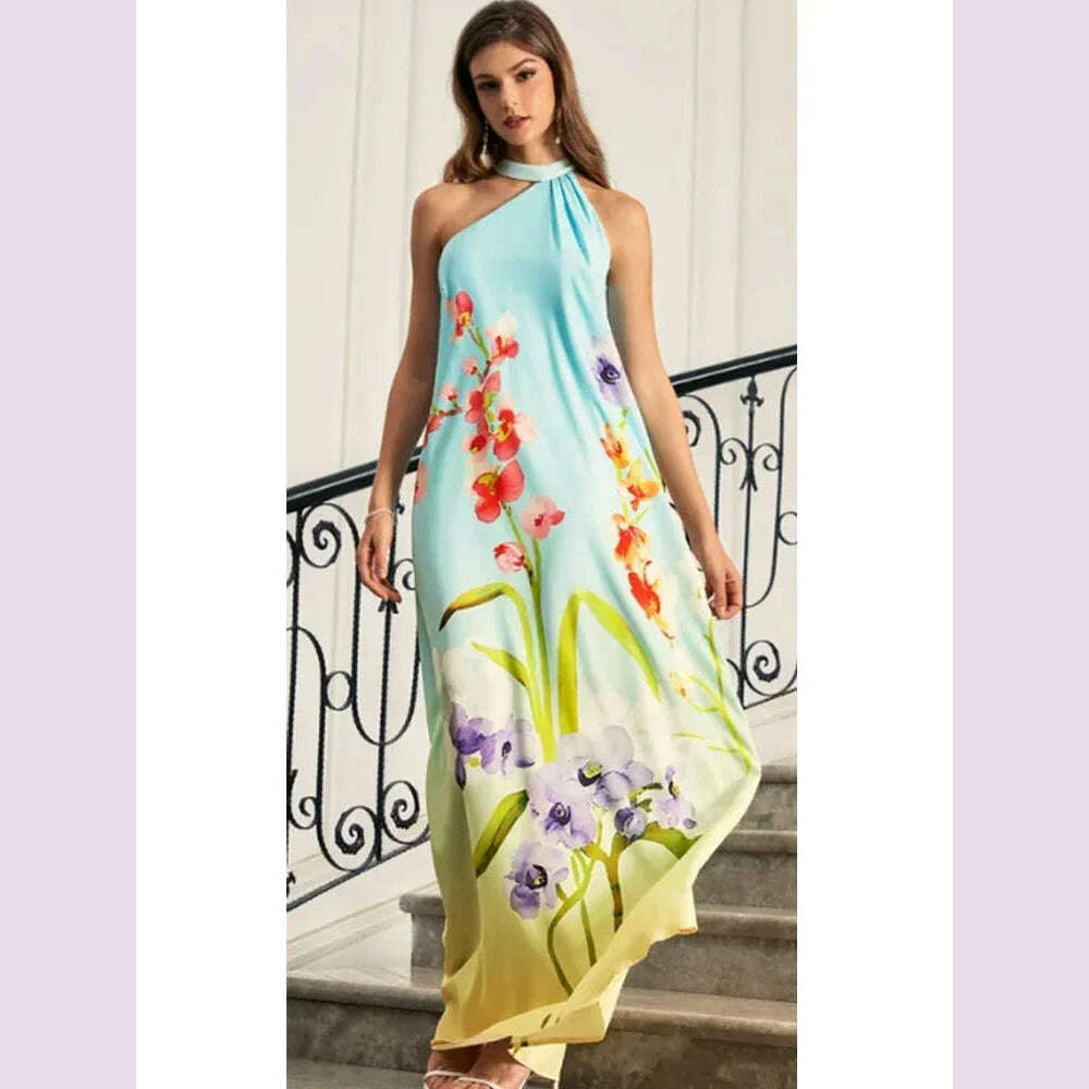 KIMLUD, Elegant Fashion Floral Dress Spaghetti Strap Sweet Halter Camis Dress Fashion Chic Loose Maxi Dress Casual Boho Vintage Dresses, KIMLUD Womens Clothes