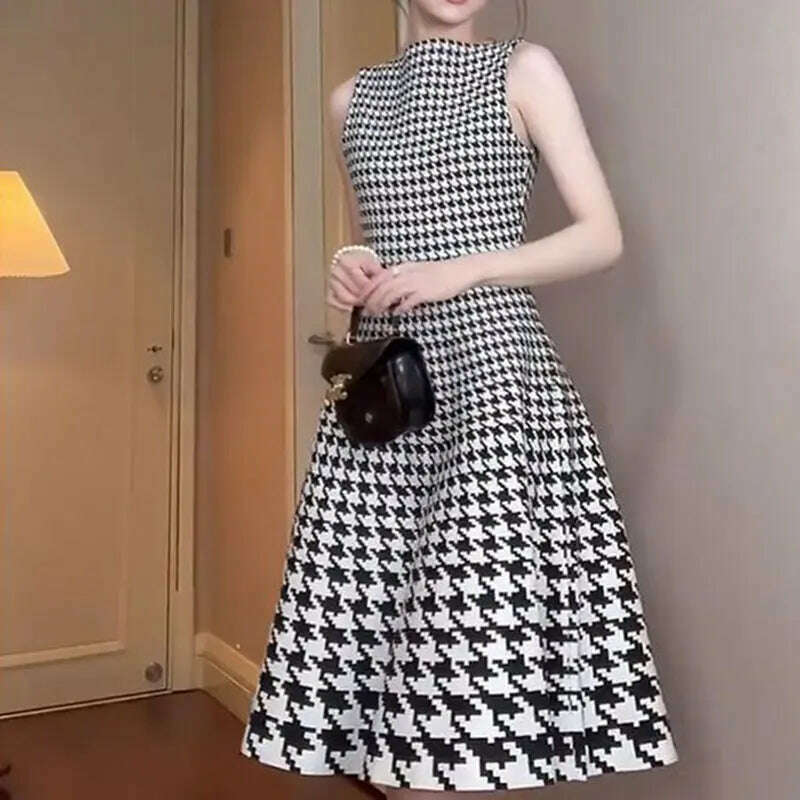 Elegant Fashion Harajuku Slim Fit Female Clothes Loose Casual All Match A-line Skirt O Neck Printed Patchwork Sleeveless Dresses - KIMLUD