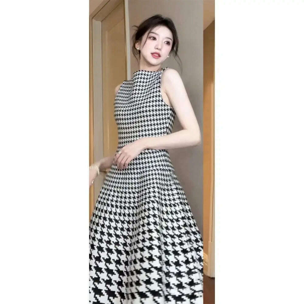 Elegant Fashion Harajuku Slim Fit Female Clothes Loose Casual All Match A-line Skirt O Neck Printed Patchwork Sleeveless Dresses - KIMLUD