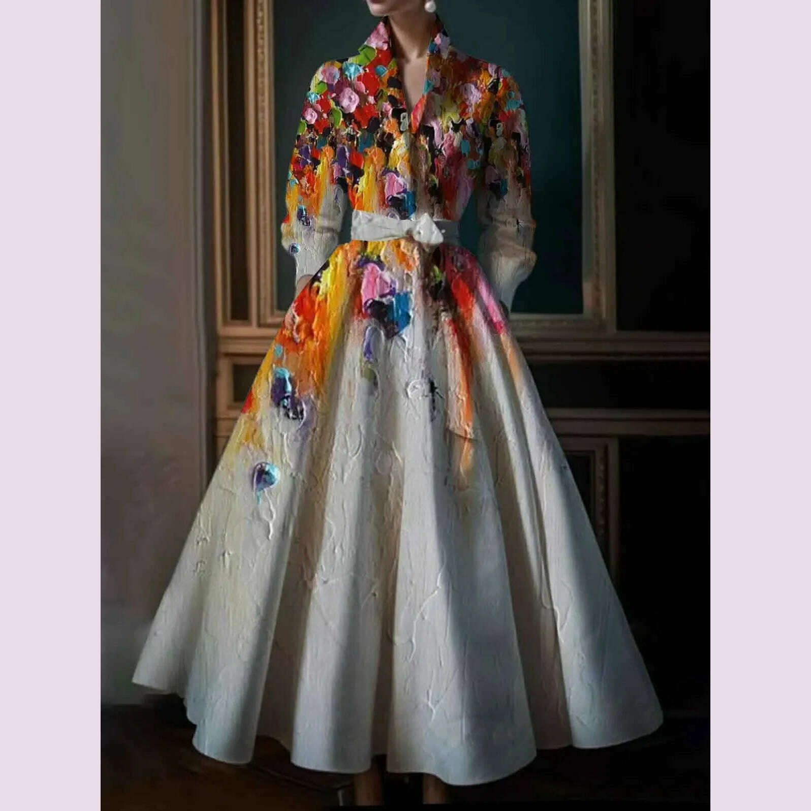 Elegant Floral Printing Maxi Dresses Multicolor Turndown Collar Long Sleeve  Cotton Long Dress Party Wedding Evening Dress