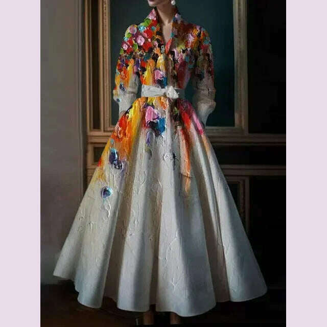 KIMLUD, Elegant Floral Printing Maxi Dresses Multicolor Turndown Collar Long Sleeve Cotton Long Dress Party Wedding Evening Dress, Red / XL, KIMLUD APPAREL - Womens Clothes