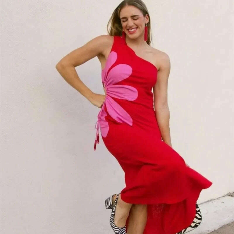 KIMLUD, Elegant Flower Printed Waist Hollow Out Midi Dress Women Sleeveless Back Zipper Split Robes 2024 Fashion High Street Vestidos, KIMLUD Womens Clothes